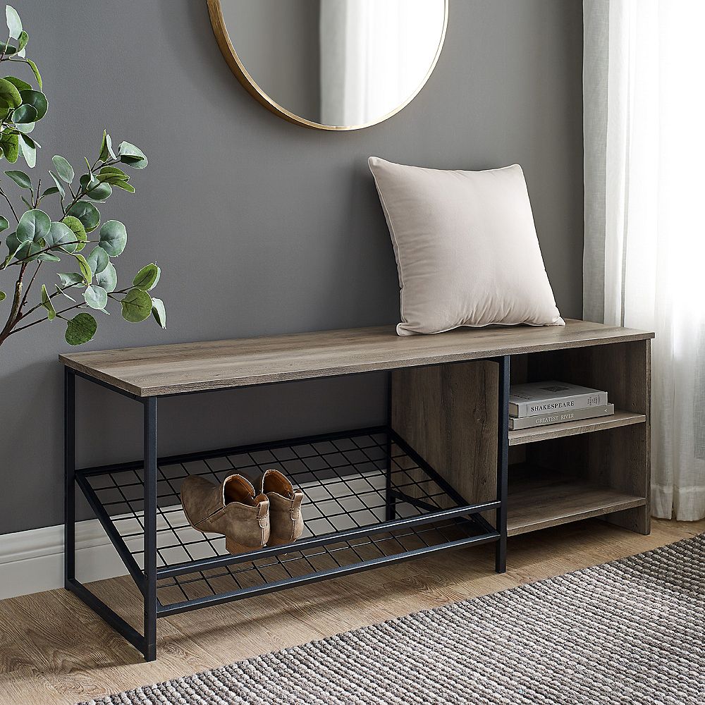 Welwick Designs 48inch Grey Wash Industrial Entry Bench with Shoe