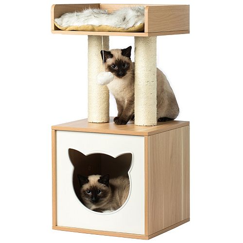 PawsMark Cat Tree Play House Condo Cube Cave, Platform, Scratcher Post and Ball Toy