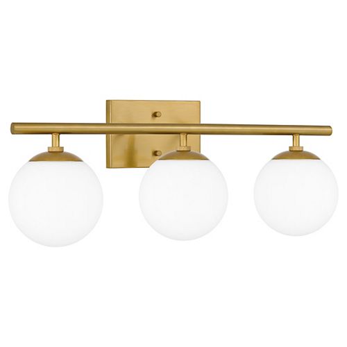 3-Light Brushed Gold Vanity Light with Etched Opal Glass Shades