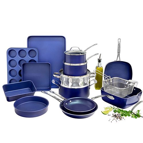 20-Piece Classic Blue Aluminum Ultra-Durable Non-Stick Diamond Infused Cookware and Bakeware Set