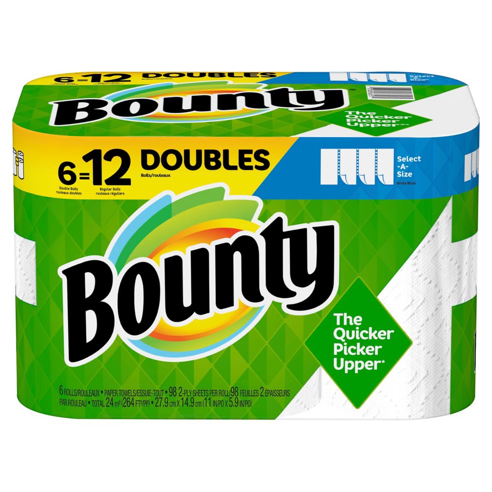 Bounty Select-A-Size Paper Towels 2X more absorbent 12 Double Rolls
