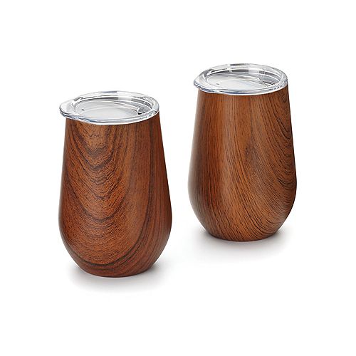 Double Wall Wine Glass Tumbler with Lid, Wood Grain Pattern, Set of 2