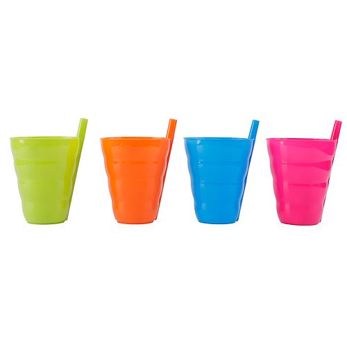 Basicwise 10 OZ Reusable Plastic Cups with Straw Blue, Pink, Green, and Orange, Set of 4