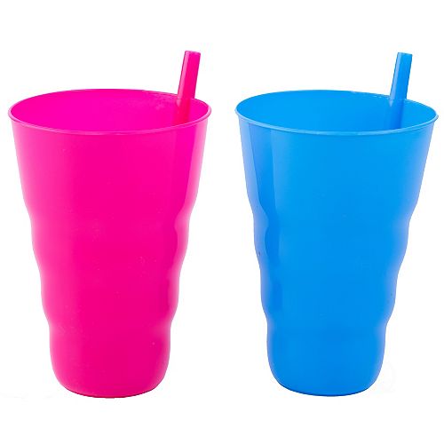 Basicwise 20 OZ Reusable Plastic Cups with Straw Blue and Pink, Set of 2