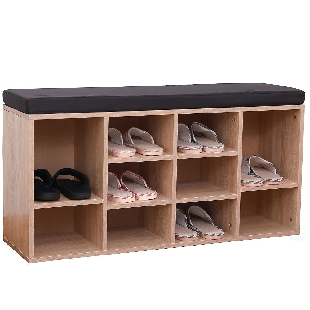 Basicwise Natural Wooden Shoe Cubicle Storage Entryway Bench with Soft