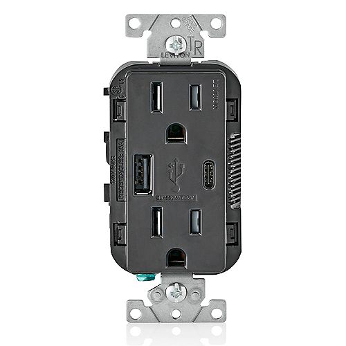 Leviton Decora USB Charger 15A Receptacle 5.1A Type A/Type-C, Black