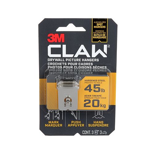 CLAW Drywall Picture Hanger 45 lb with Temporary Spot Marker, 3 hangers, 3 markers