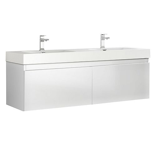 Fresca Mezzo 59 in. White Wall Hung Double Modern Sink Bathroom Vanity with Acrylic Top