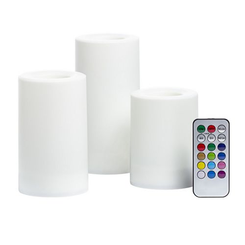 Flameless LED Color-Changing Indoor/Outdoor Pillar Candle Trio with Remote Control, White