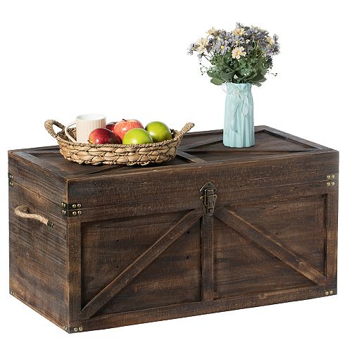 Large Wooden Lockable Trunk Farmhouse Style Rustic Design Lined Storage Chest with Rope Handles