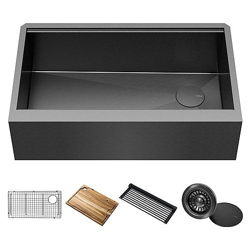 Workstation 33 Steel Flat Front Sink in PVD Gunmetal with Accessories