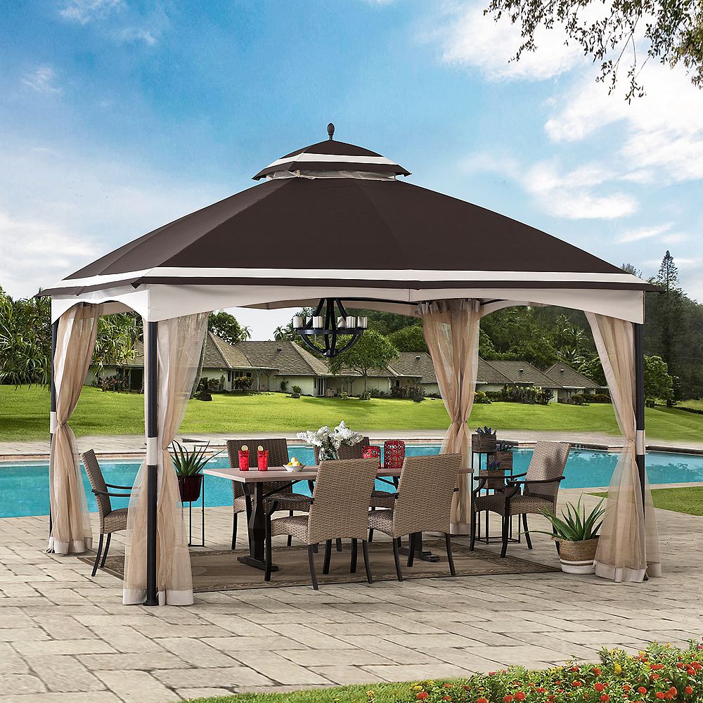 Sunjoy Katy 10.5 ft. x 13 ft. Gazebo en acier brun et beige à 2 niveaux avec moustiquaire Home