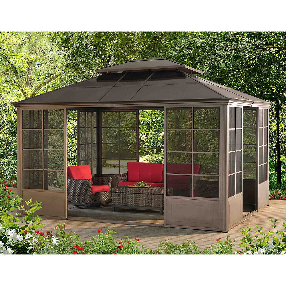Sunjoy Sprague 12 ft. x 14 ft. Brown Steel Screenhouse with 2tier