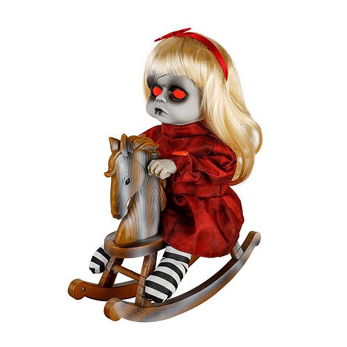 Animated LED-Lit Haunted Doll on a Rocking Horse Halloween Decoration