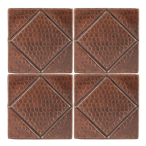 4-inch x 4-inch Hammered Copper Decorative Wall Tile with Diamond Design in ORB (Quantity 4)