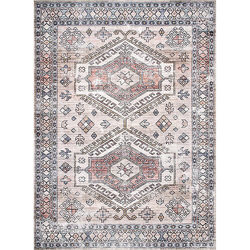 Mae Machine Washable Tribal Motif Peach 3 ft. x 5 ft. Indoor Area Rug