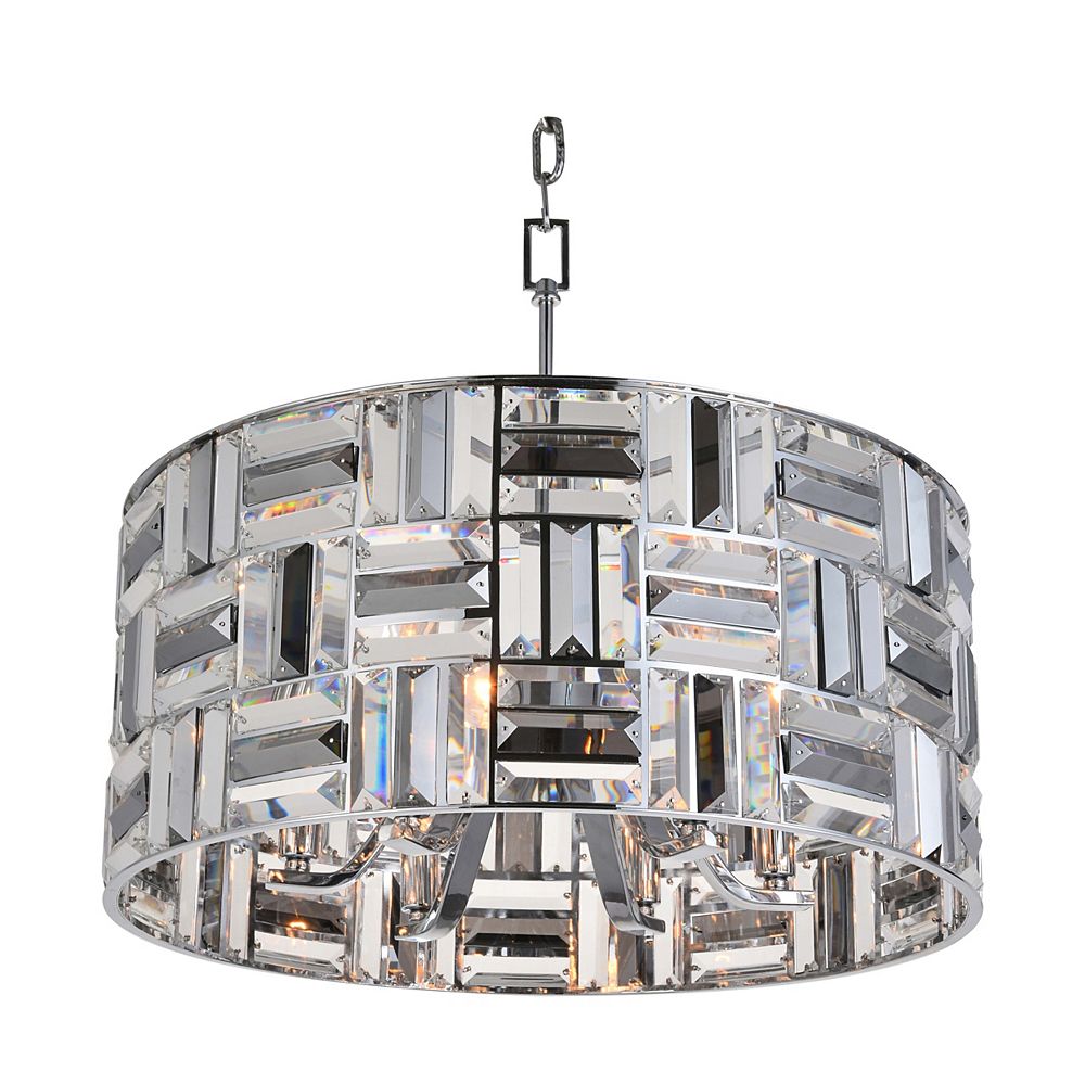 Living Design Lustre Chrome Avec AbatJour Tambour De Cristal Clair Et Gris Fumé (6 Lumièr