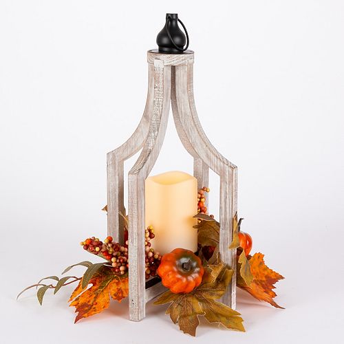 16.5-inch LED Wooden Fall Lantern and Candle with Timer