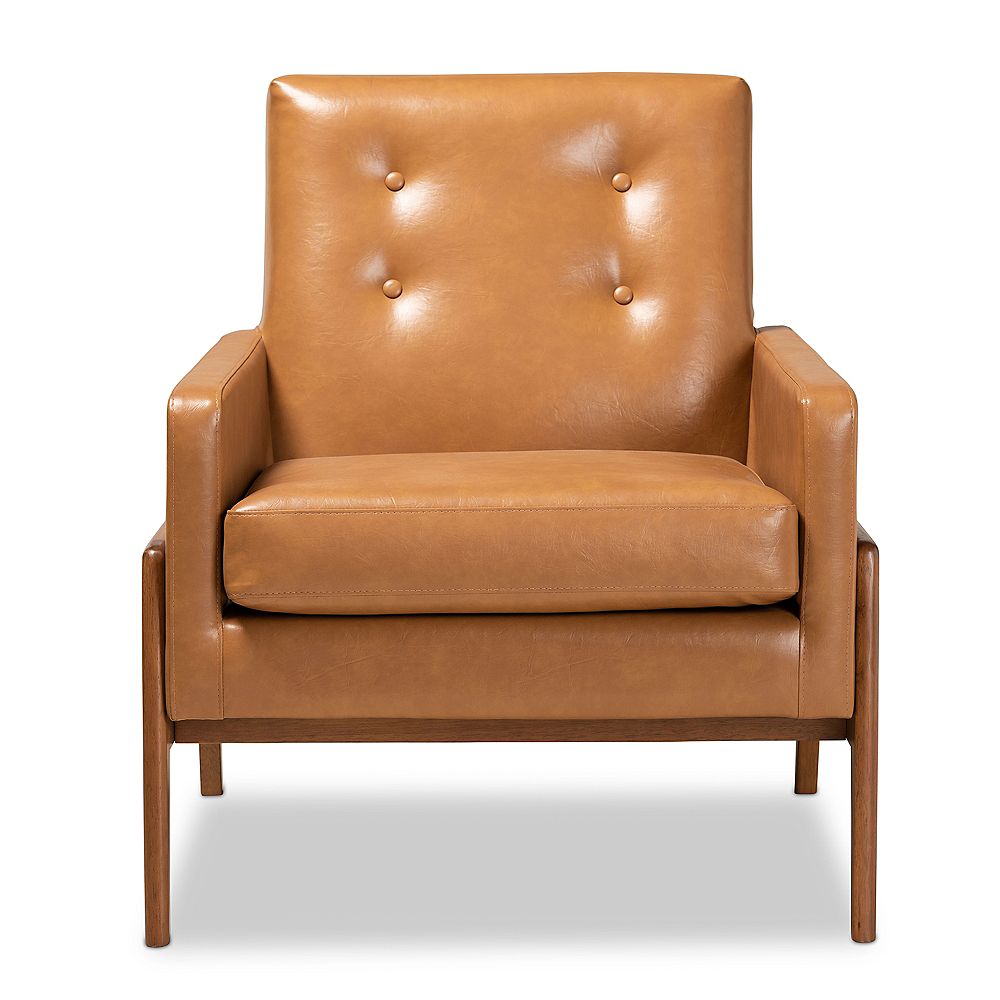 Baxton Studio Perris Faux Leather Lounge Chair in Tan and walnut brown