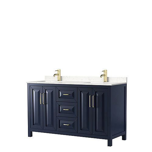 Wyndham Collection Daria 60 inch Dark Blue Double Vanity, Light-Vein Carrara Cultured Marble Top