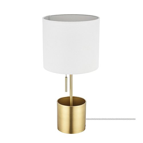 Pratt Matte Brass Organizer Base Table Lamp with White Fabric Shade and 1A USB Port