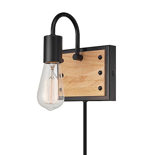 Oakland 1-Light Matte Black and Faux Wood Plug-In or Hardwire Wall Sconce with In-Line On/Off Switch