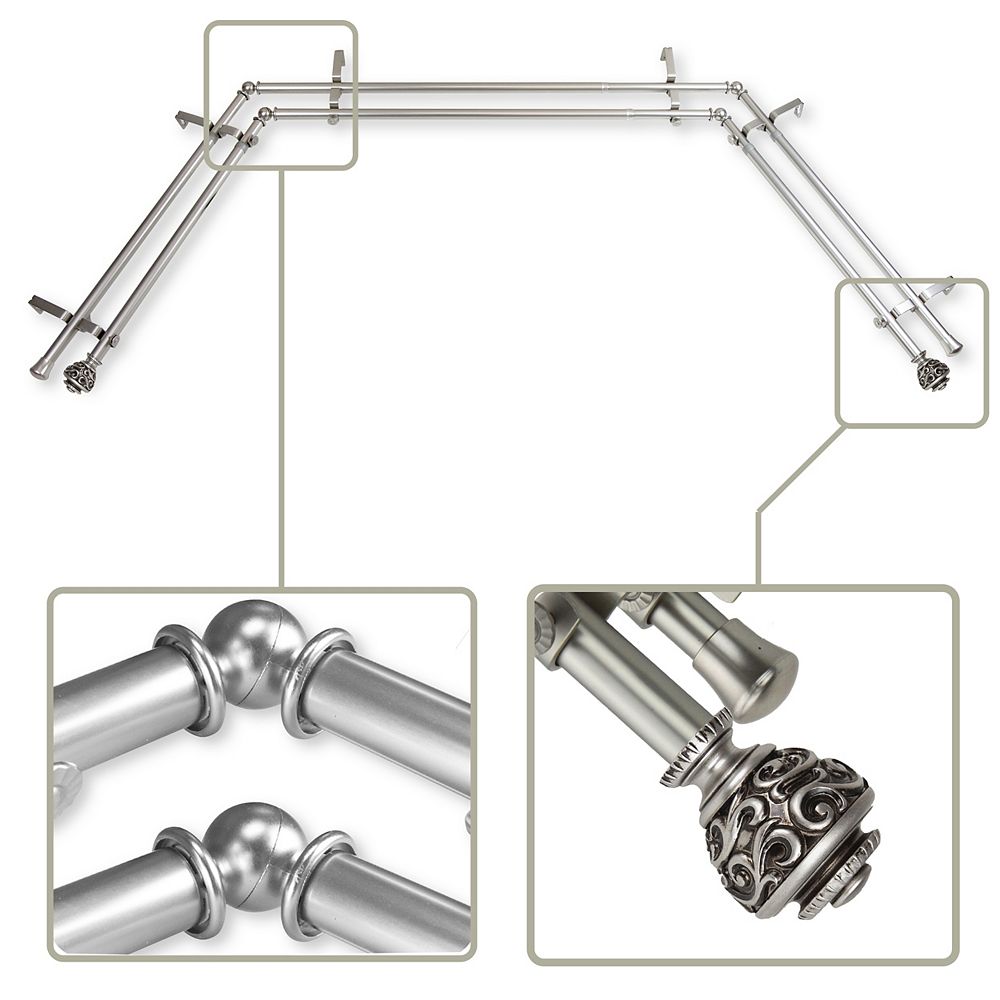 Rod Desyne 13/16" Dia Adjustable Bay Window Double Curtain Rod in Satin
