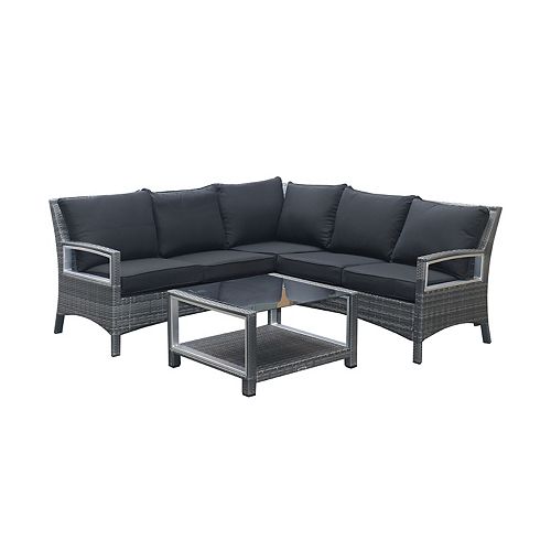 Contempo Grey Wicker Outdoor  Sectional Set with Black Cushions