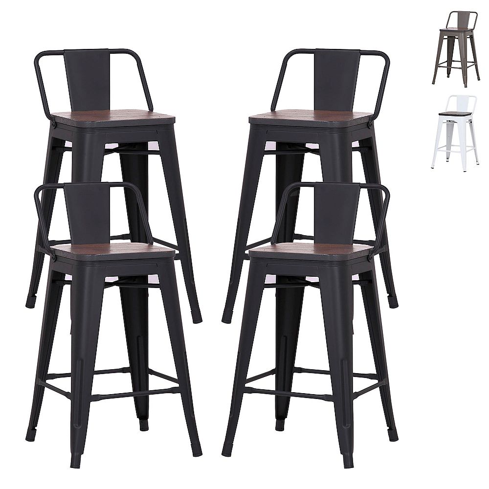 Bronte Living 24 Metal Counter Stool With Low Backrest Footrest And Elm Wood Seat Matt The Home Depot Canada