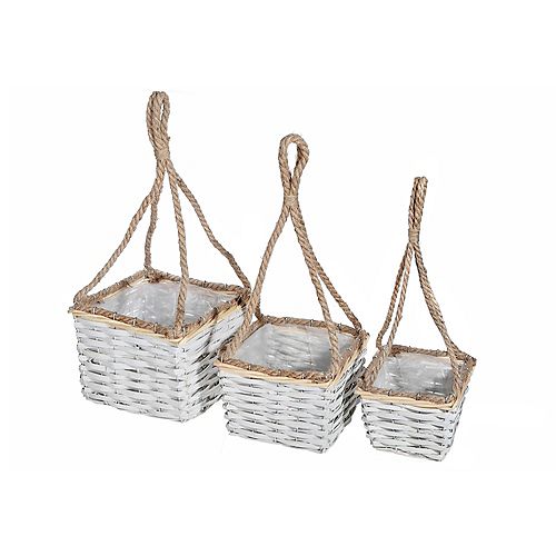 IH Casa Decor 3Pc Hanging White Wicker Planter (Square)