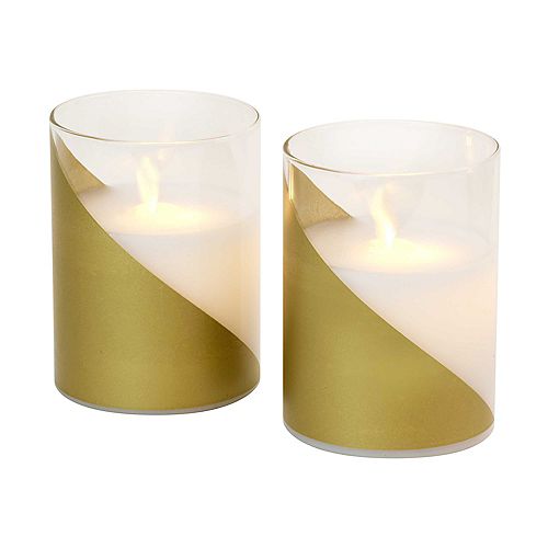 LumaBase Battery Operated LED Glass Candles with Moving Flame - Gold Accent (set of 2)