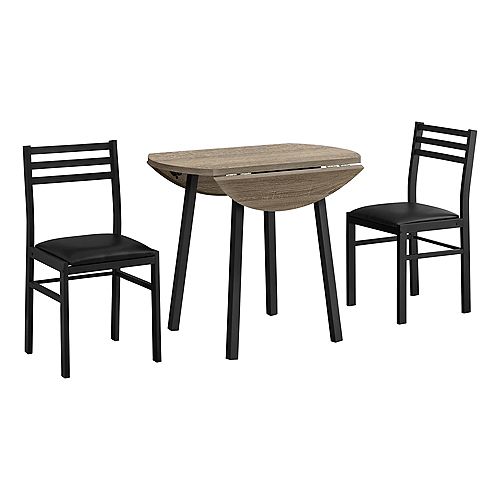 Dining Set - 3 Pieces / Round Drop-Leaf Dining Table / 2 Chairs - Dark Taupe Wood-Look / Black Metal