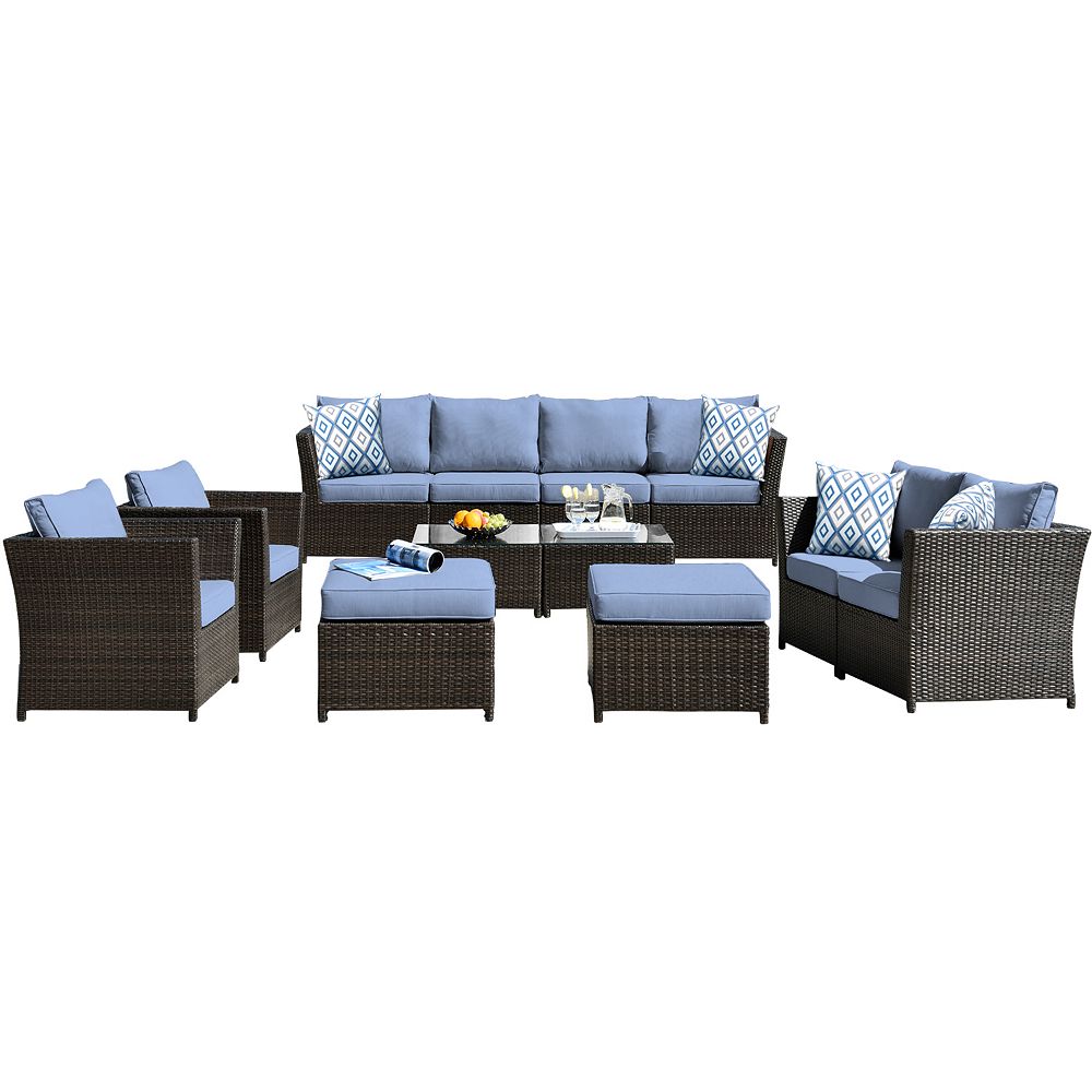 Ovios 12 Piece Wicker Outdoor Patio Conversation Set With Blue Cushions And Tea Table The Home Depot Canada Ovios 12 Piece Wicker Outdoor Patio, Patio Conversation Sets Canada Home Depot