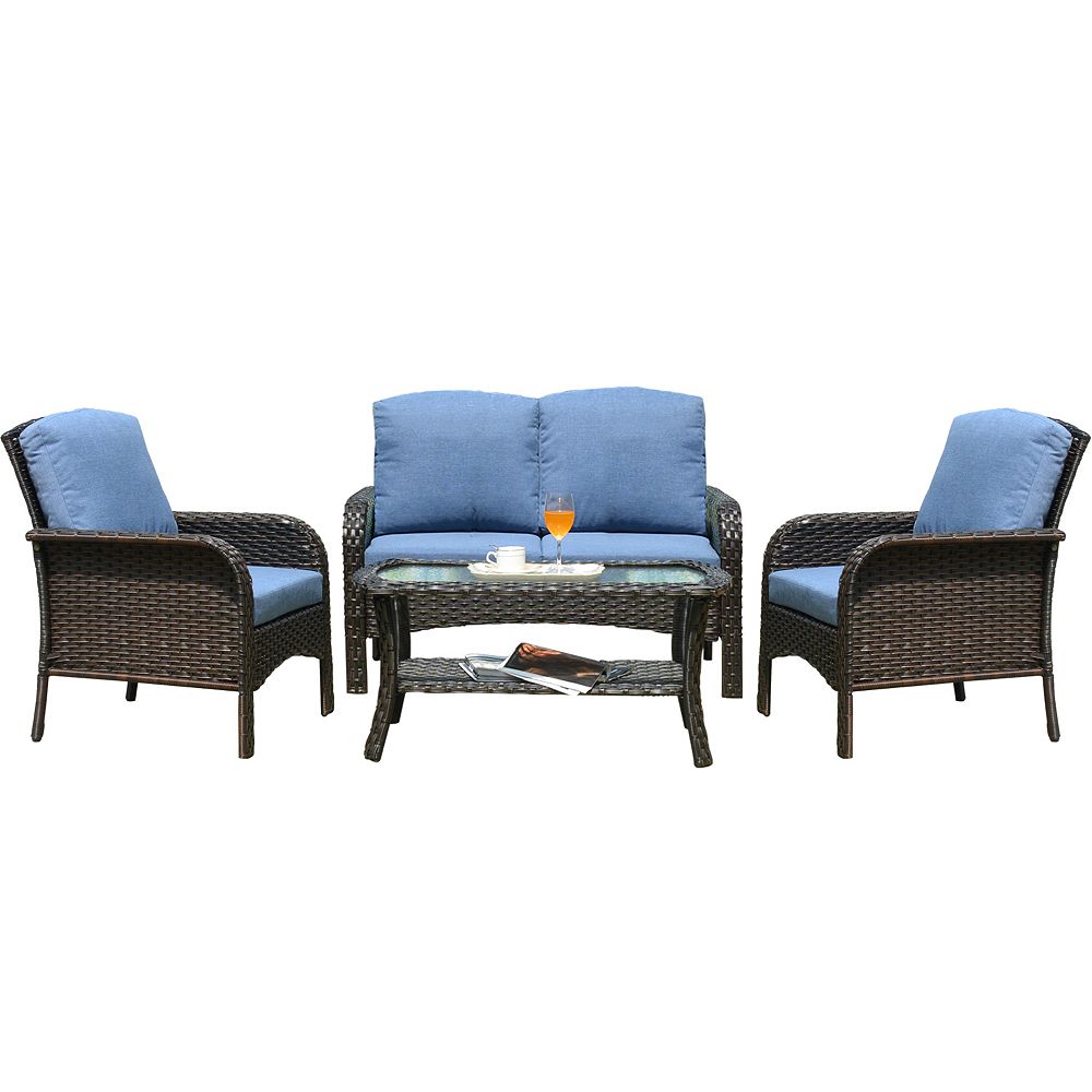 Ovios Brown 4 Piece Wicker Patio Sectional Conversation Sets With Blue Cushions And Coffee The Home Depot Canada Ovios Brown 4 Piece Wicker Patio, Patio Conversation Sets Canada Home Depot