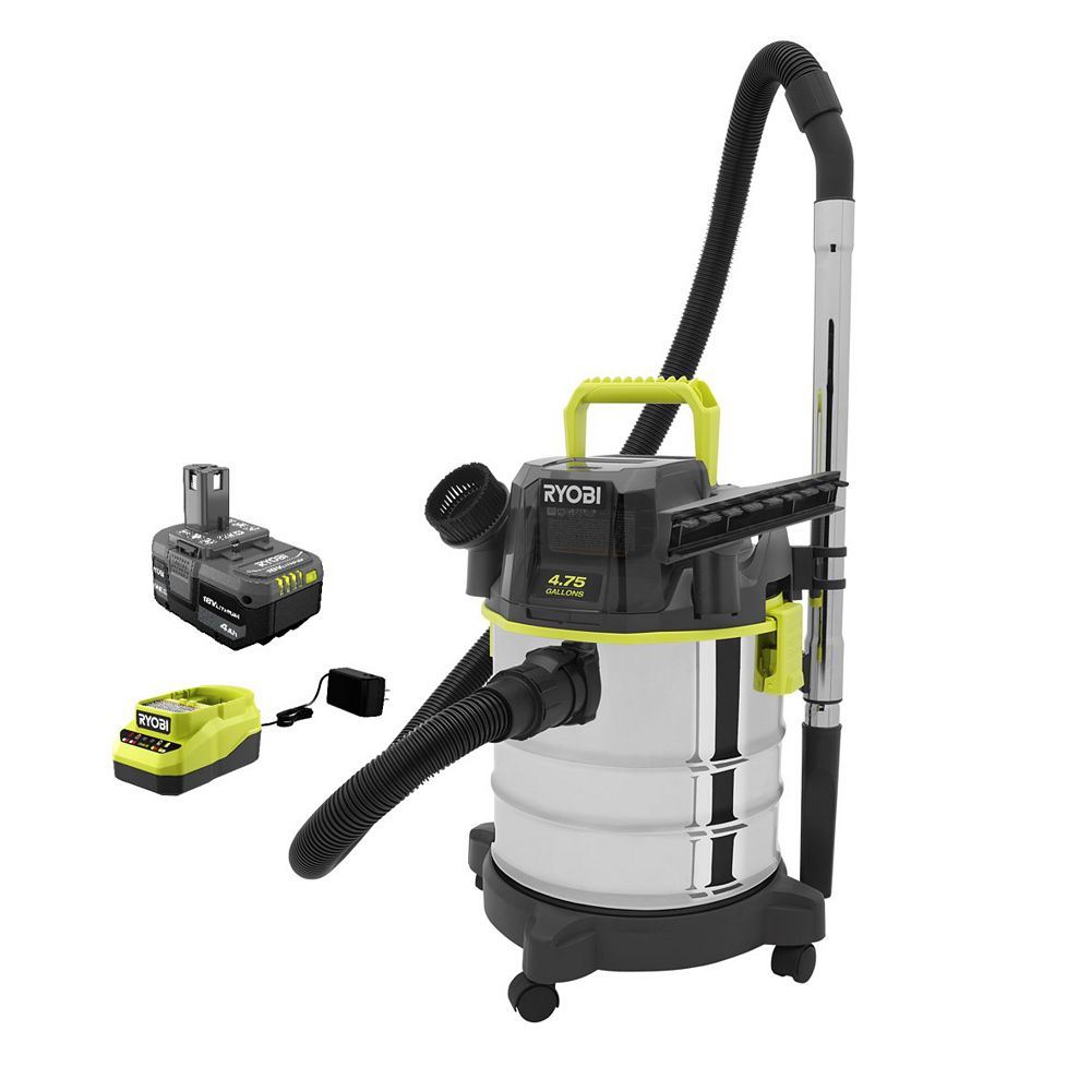 Ryobi 18v One+ Cordless 4.75 Ga. Wet Dry Vacuum Kit With 4.0 Ah Battery 