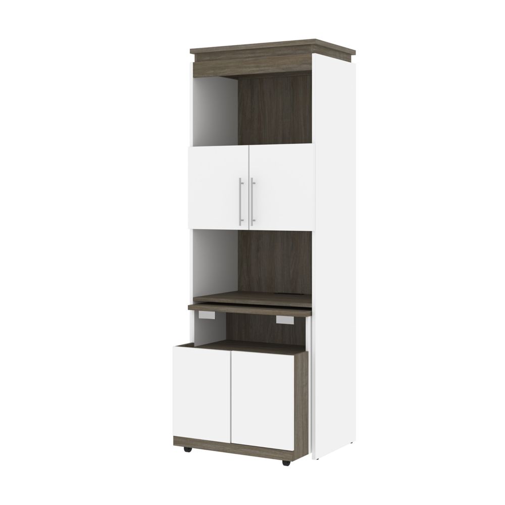 Bestar Orion 30W Shelving Unit with FoldOut Desk in white & walnut
