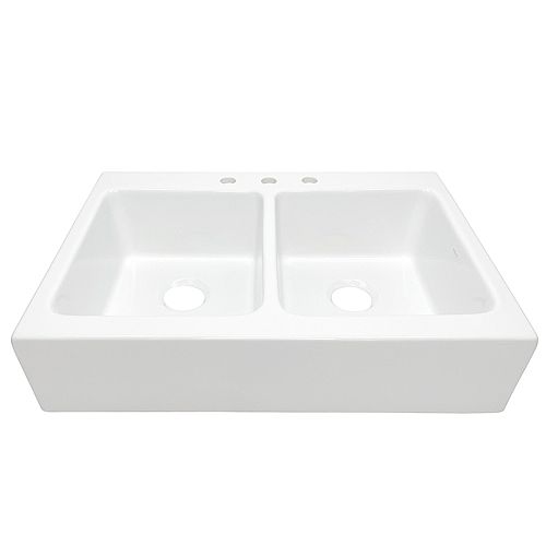 Parker Quick-Fit Drop-in Farmhouse Fireclay 34 in. 3-Hole Double Bowl Kitchen Sink in Crisp White