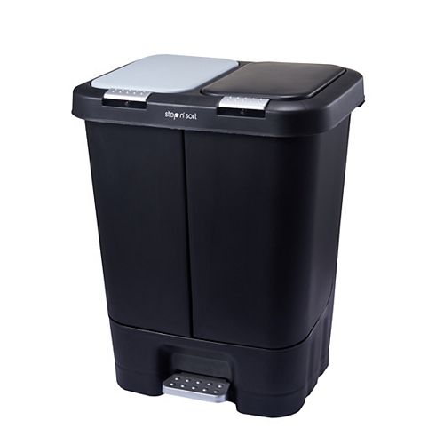 The Step N' Sort 40L Dual Trash and Recycling Bin with spring top and step pedal, black