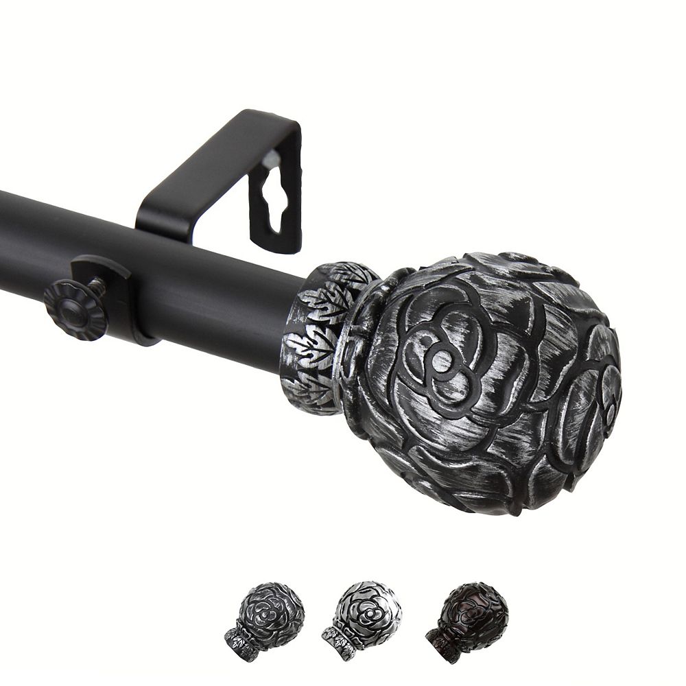 Rod Desyne 1 Dia Adjustable 120 170 Curtain Rod With Rosy Finials In Black The Home Depot Canada