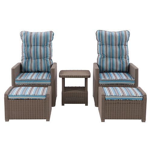 CorLiving Lake Front Beige/Blue Striped Rattan Patio Recliner and Ottoman Set, 5pc