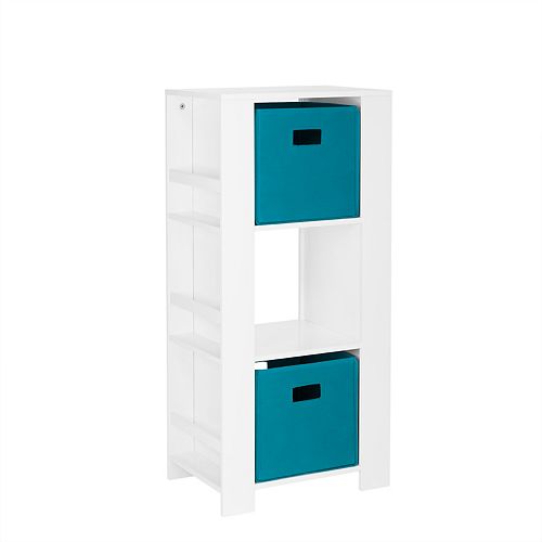 Cubby Storage Tower with Bookshelves in White for Kids with 2-Piece Turquoise Bins