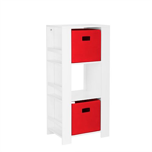 Cubby Storage Tower with Bookshelves in White for Kids with 2-Piece Red Bins