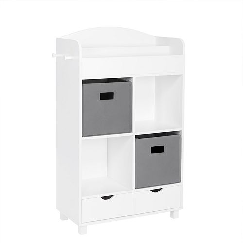 Cubby Storage Cabinet with Bookrack in White for Kids with 2-Piece Gray Bins