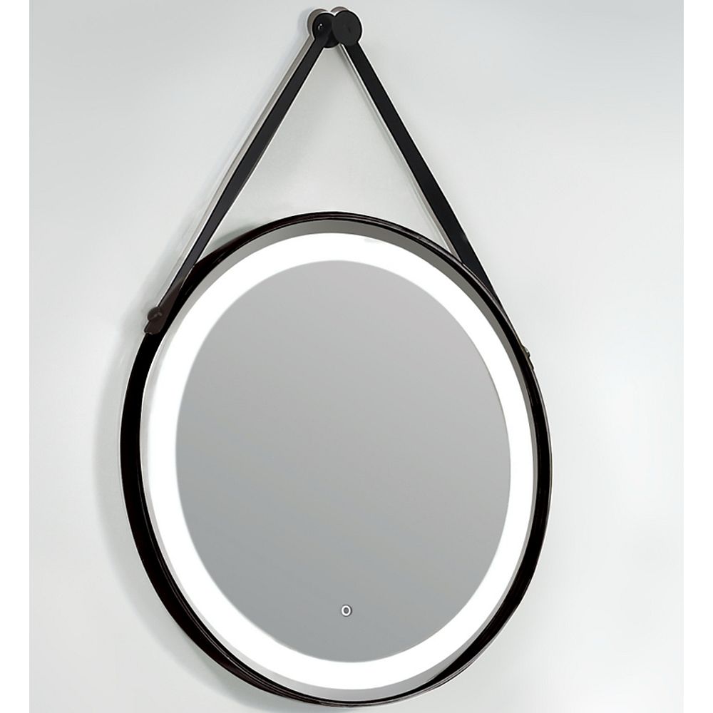 Lukx Bold Elite Round Led Mirror, Round Mirror With Leather Frame