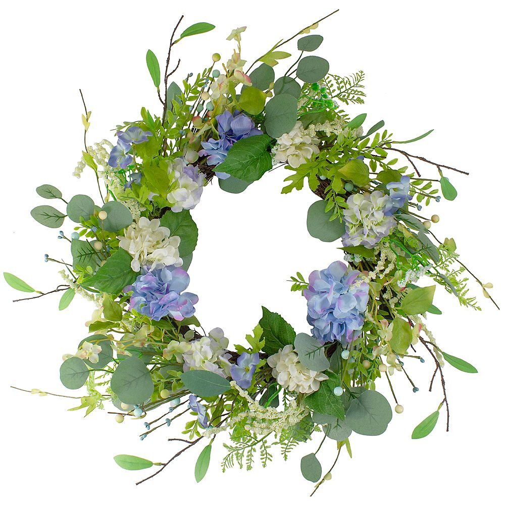 Northlight Eucalyptus and Hydrangea Floral Fern Spring Wreath Blue and ...