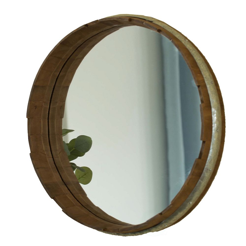 Vintiquewise Round Rustic Wood And Galvanized Metal Framed Wine Barrel Shaped Wall Mirror The Home Depot Canada Vintiquewise Round Rustic Wood And, Rustic Round Mirror Canada