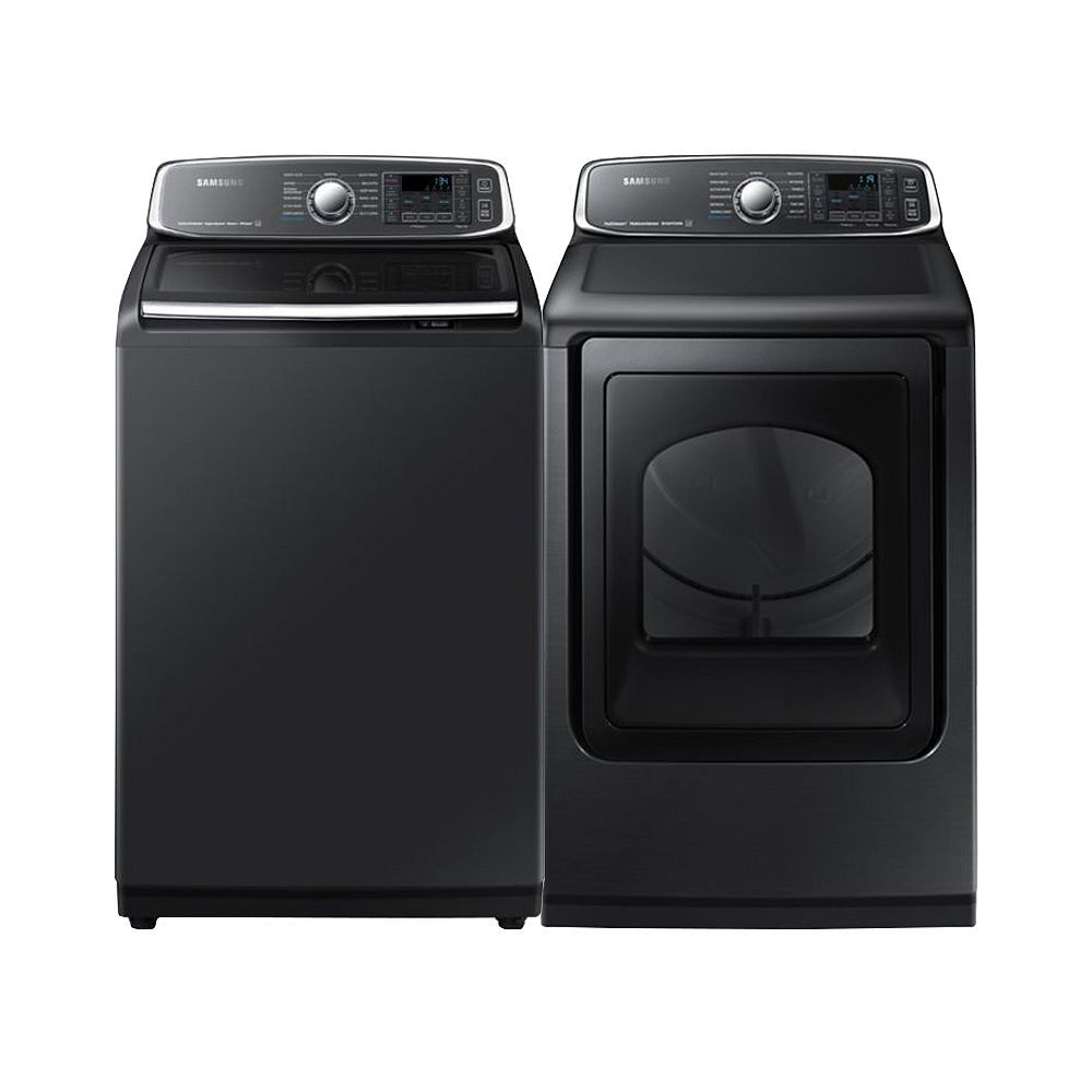 Samsung Top Load Washer and Electric Dryer Set in Black Stainless Steel