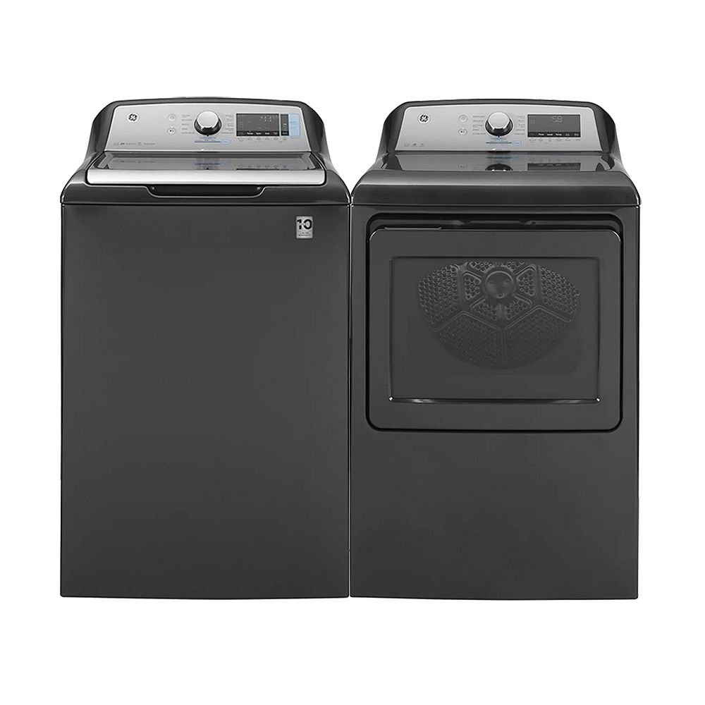 GE Smart Top Load Washer and Gas Dryer Set in Diamond Grey | The Home ...